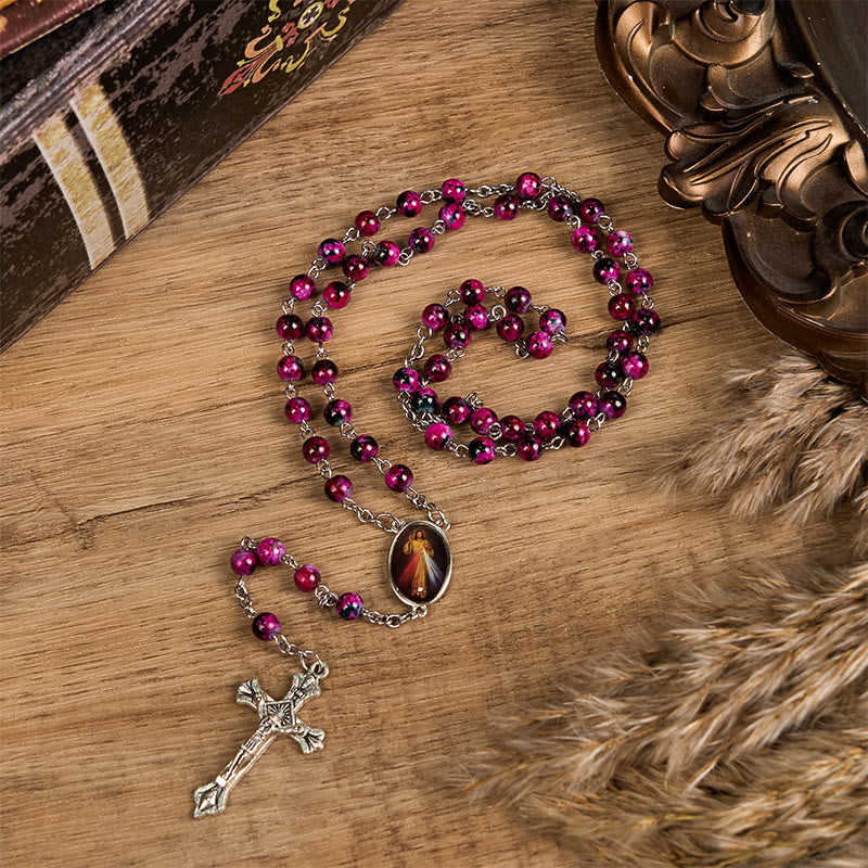 Christiandiscipleshop Divine Mercy & Crucifix of 8 mm Round Purple Glass Alloy Chain Rosary