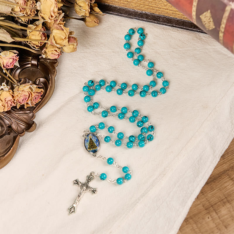 Christiandiscipleshop Our Lady of Aparecida & Crucifix of 8 mm Round Green Glass Alloy Chain Rosary