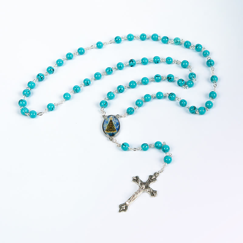 Christiandiscipleshop Our Lady of Aparecida & Crucifix of 8 mm Round Green Glass Alloy Chain Rosary