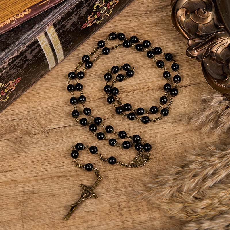 Christiandiscipleshop Rose & Crucifix of 10mm Round Black Stone Alloy Chain Rosary