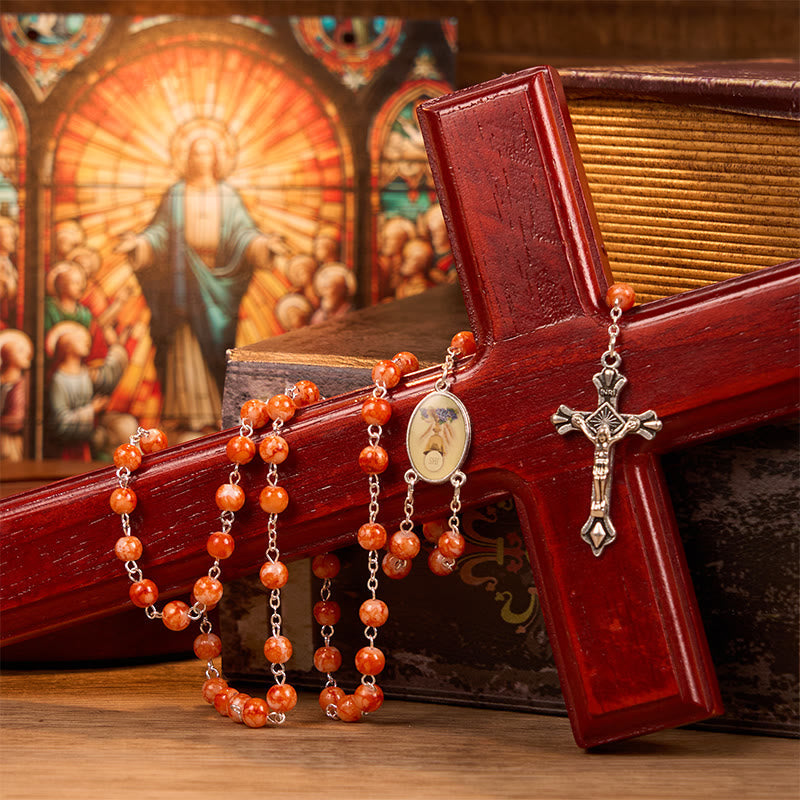christiandiscipleshop Holy Communion & Crucifix of 8 mm Round Orange Glass Alloy Chain Rosary