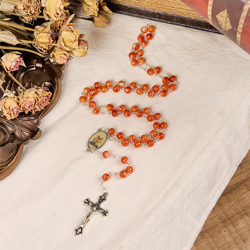 christiandiscipleshop Holy Communion & Crucifix of 8 mm Round Orange Glass Alloy Chain Rosary