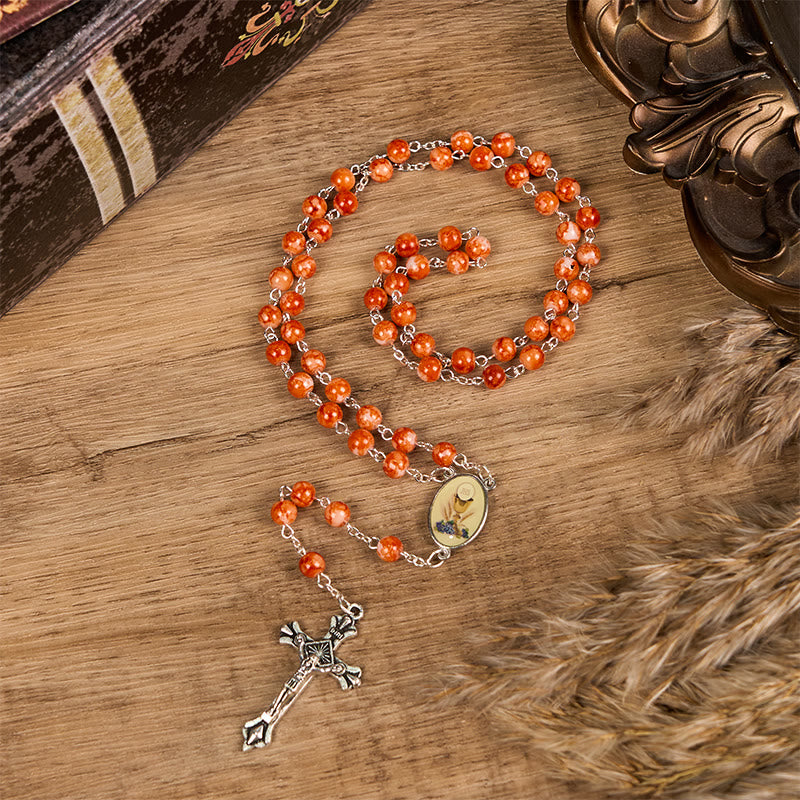 christiandiscipleshop Holy Communion & Crucifix of 8 mm Round Orange Glass Alloy Chain Rosary