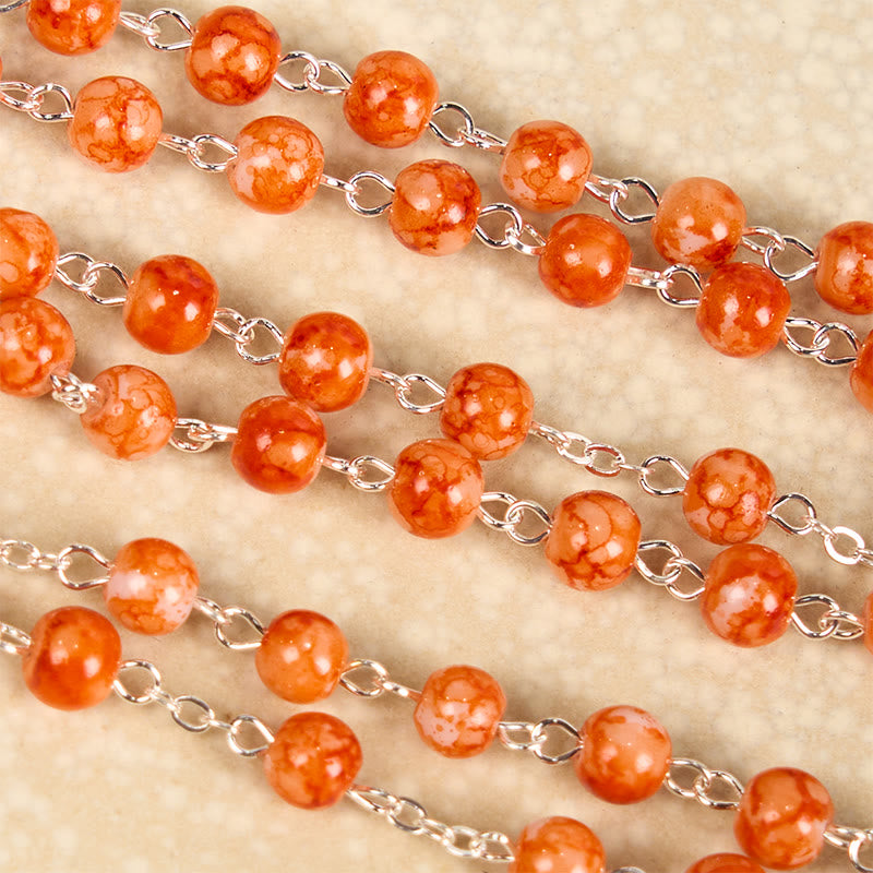 christiandiscipleshop Holy Communion & Crucifix of 8 mm Round Orange Glass Alloy Chain Rosary