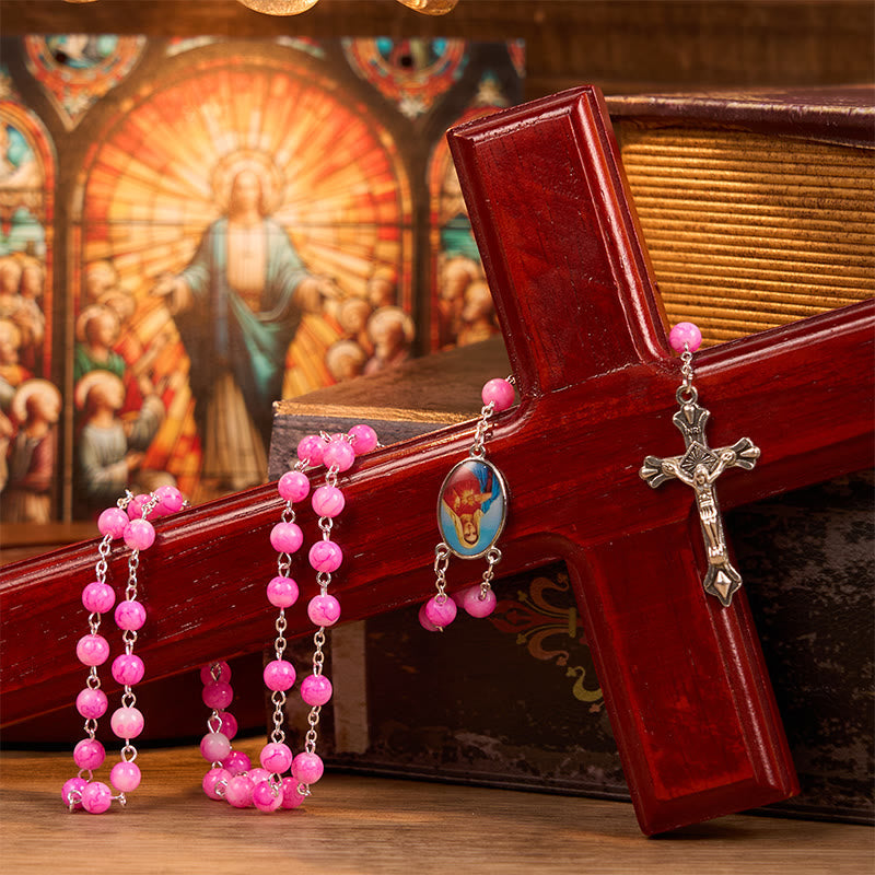 christiandiscipleshop Immaculate Heart of Mary & Crucifix of 8 mm Round Pink Glass Alloy Chain Rosary