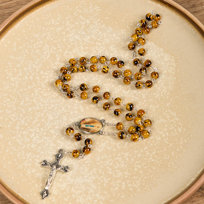 Christiandiscipleshop Our Lady of Fatima & Crucifix of 8 mm Round Pattern Stone Alloy Chain Rosary