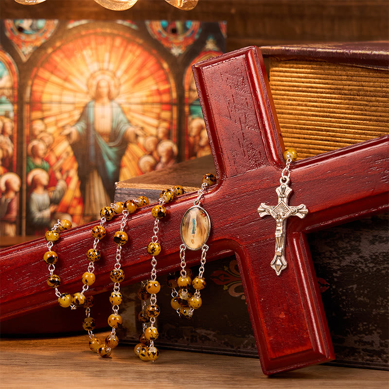 Christiandiscipleshop Our Lady of Fatima & Crucifix of 8 mm Round Pattern Stone Alloy Chain Rosary