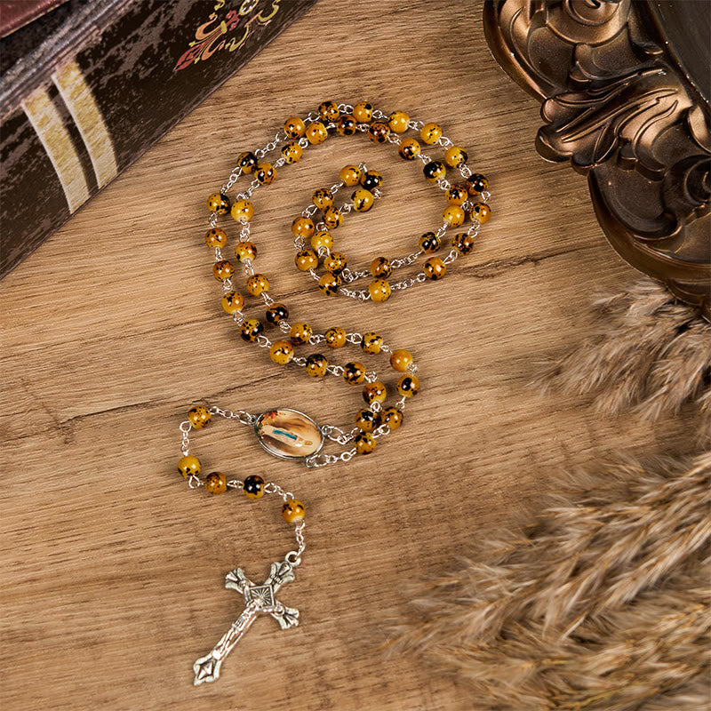 Christiandiscipleshop Our Lady of Fatima & Crucifix of 8 mm Round Pattern Stone Alloy Chain Rosary
