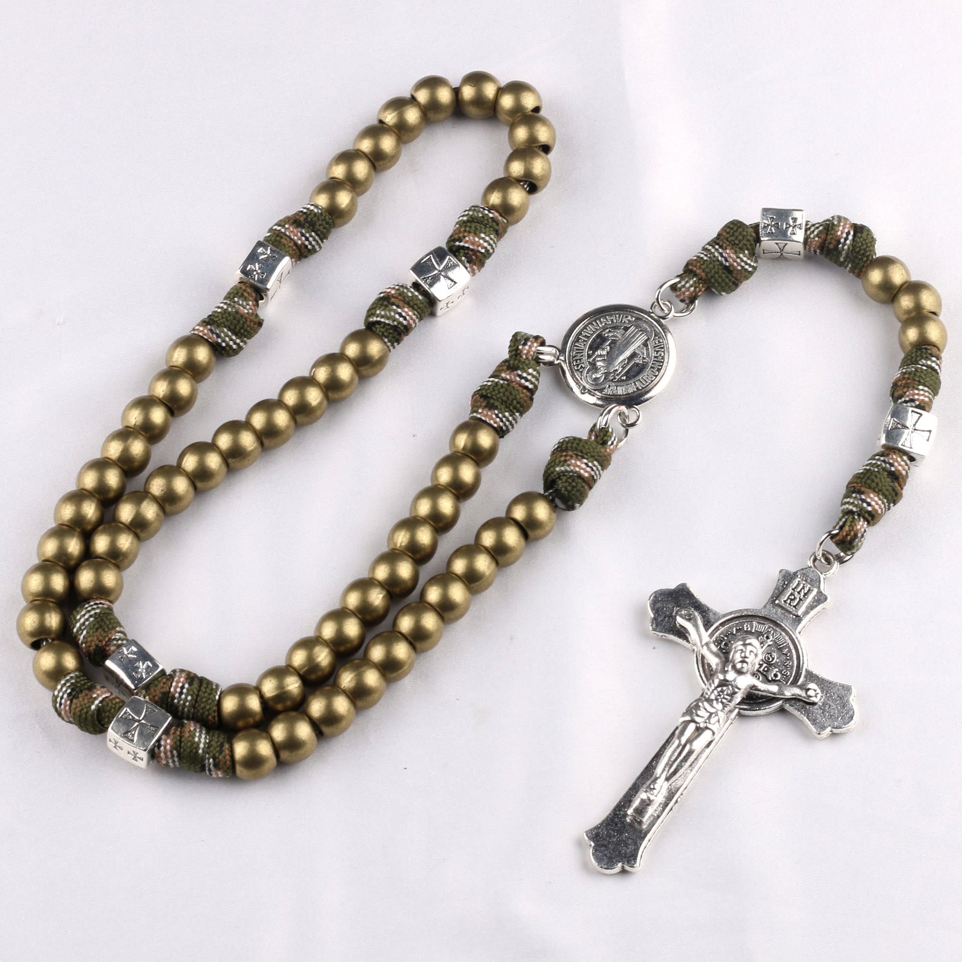 Christiandiscipleshop St. Benedict Medal & Crucifix of 10mm Round Multicolor Wood Paracord Rosary