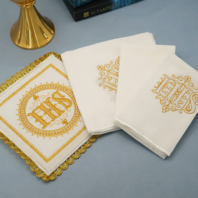 Christiandiscipleshop Gold Embroidered Chalice Veil & Purificator Set Religious Altar Linen Set (IHS Design)