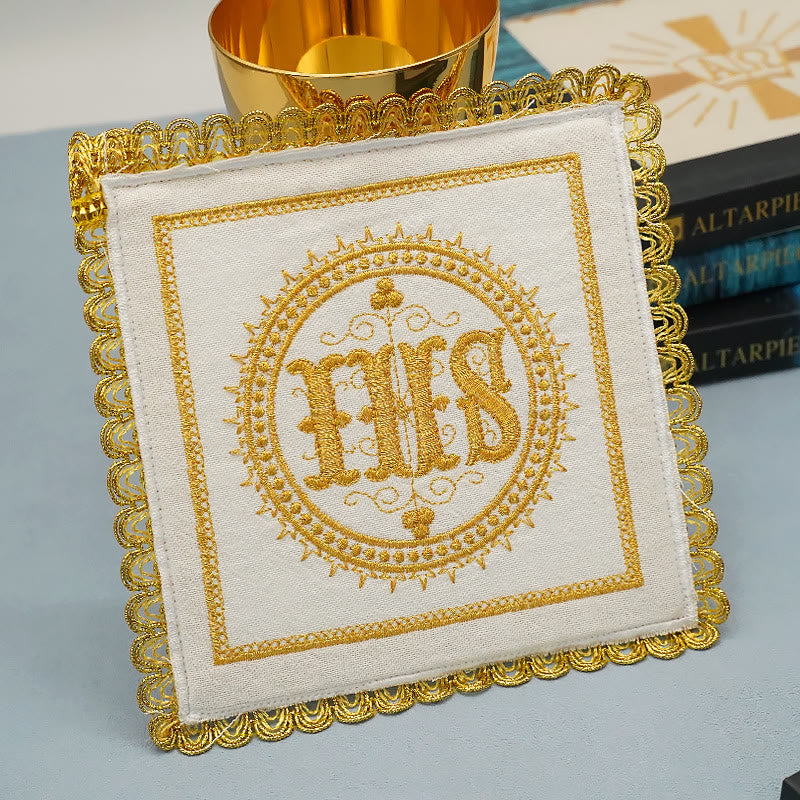 Christiandiscipleshop Gold Embroidered Chalice Veil & Purificator Set Religious Altar Linen Set (IHS Design)