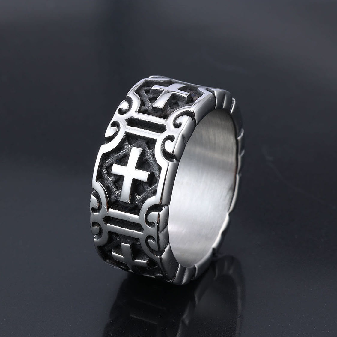 Christiandiscipleshop Retro Style Cross Engraved Stainless Steel Faith Protection Ring