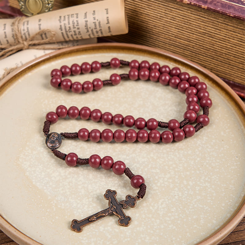 christiandiscipleshop Madonna and Child & Crucifix of 10mm Round Red Wood Nylon Cord Rosary