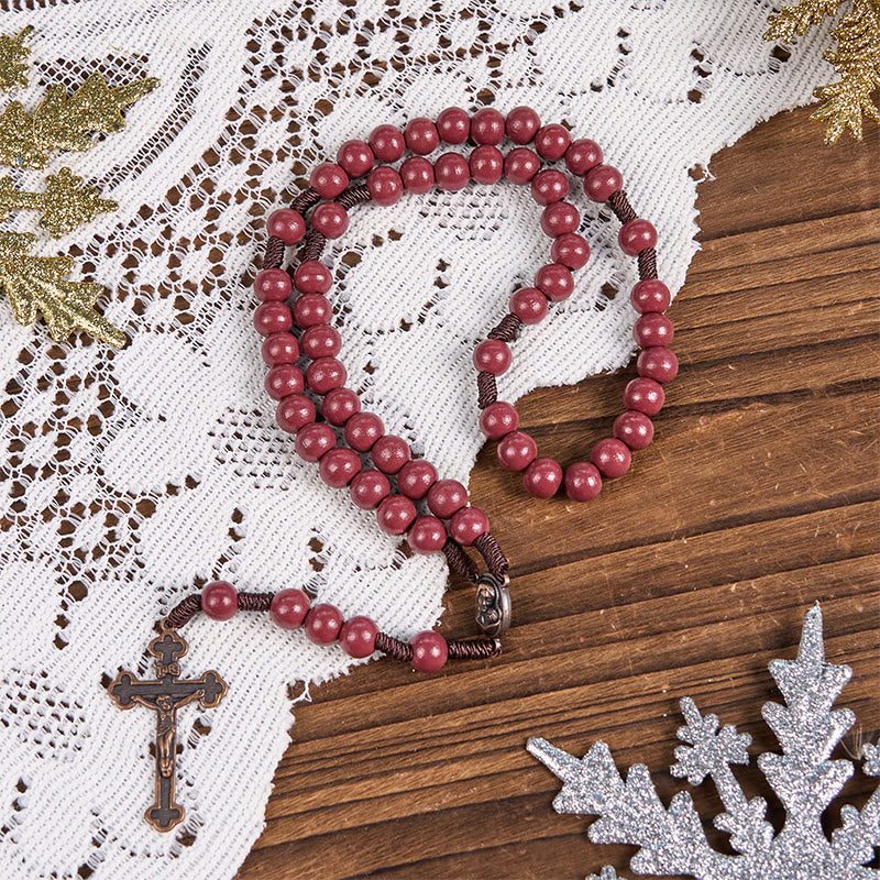 christiandiscipleshop Madonna and Child & Crucifix of 10mm Round Red Wood Nylon Cord Rosary
