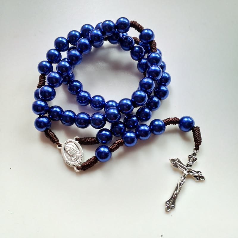 Christiandiscipleshop Our Lady & Crucifix of 10mm Round Blue/Black Acrylic Nylon Cord Rosary