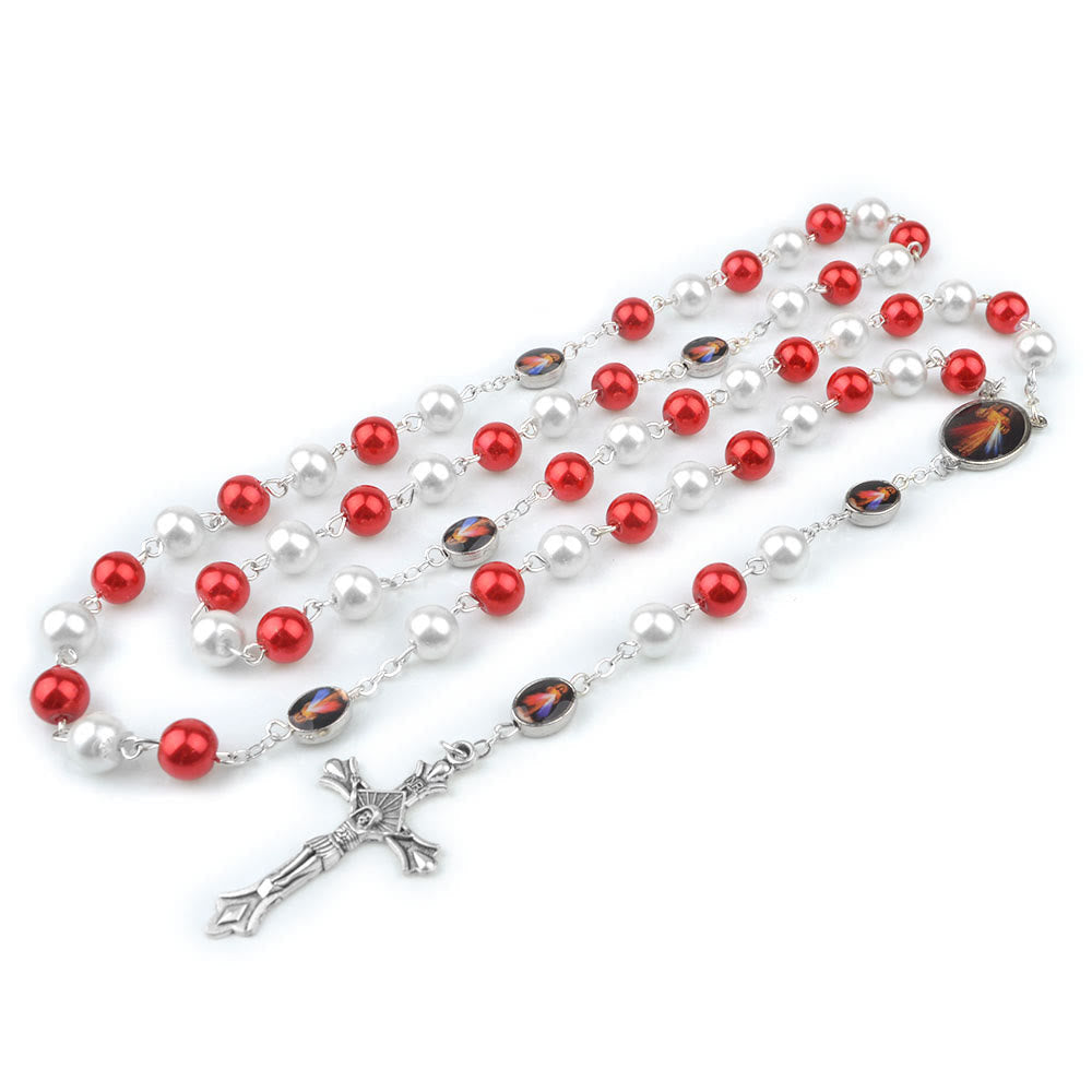 Christiandiscipleshop Divine Mercy & Crucifix of 8mm Round Red&White Glass Alloy Chain Rosary