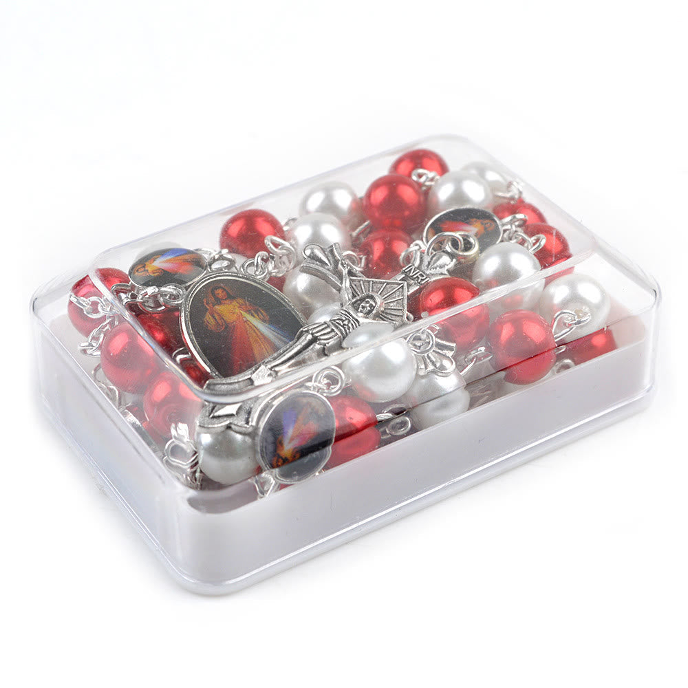 Christiandiscipleshop Divine Mercy & Crucifix of 8mm Round Red&White Glass Alloy Chain Rosary
