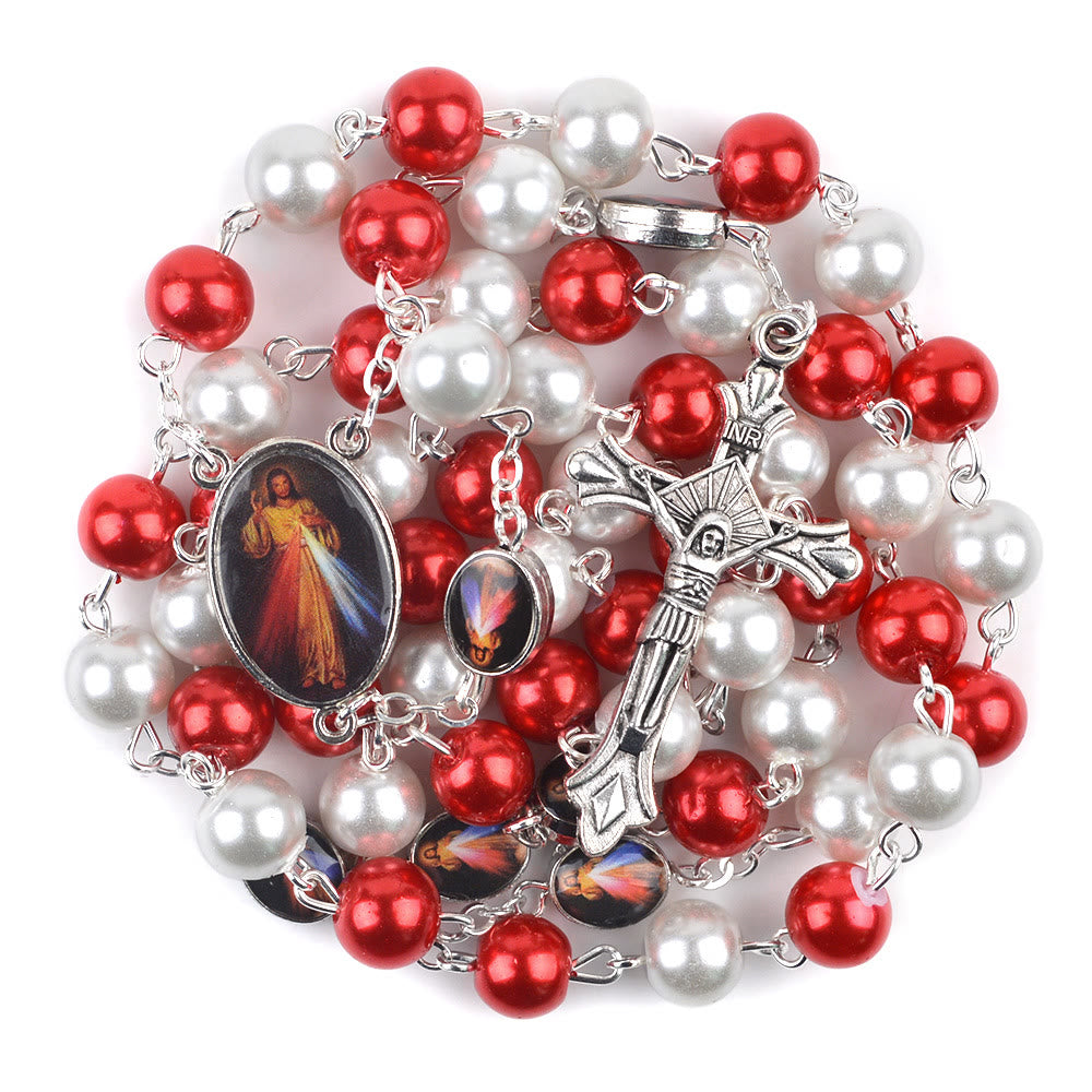 Christiandiscipleshop Divine Mercy & Crucifix of 8mm Round Red&White Glass Alloy Chain Rosary