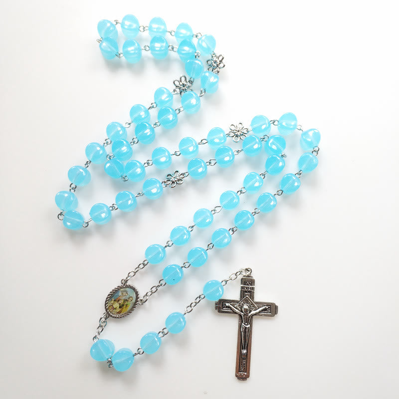 christiandiscipleshop Holy Family & Crucifix of 10mm Polyhedron Blue Acrylic Alloy Chain Rosary