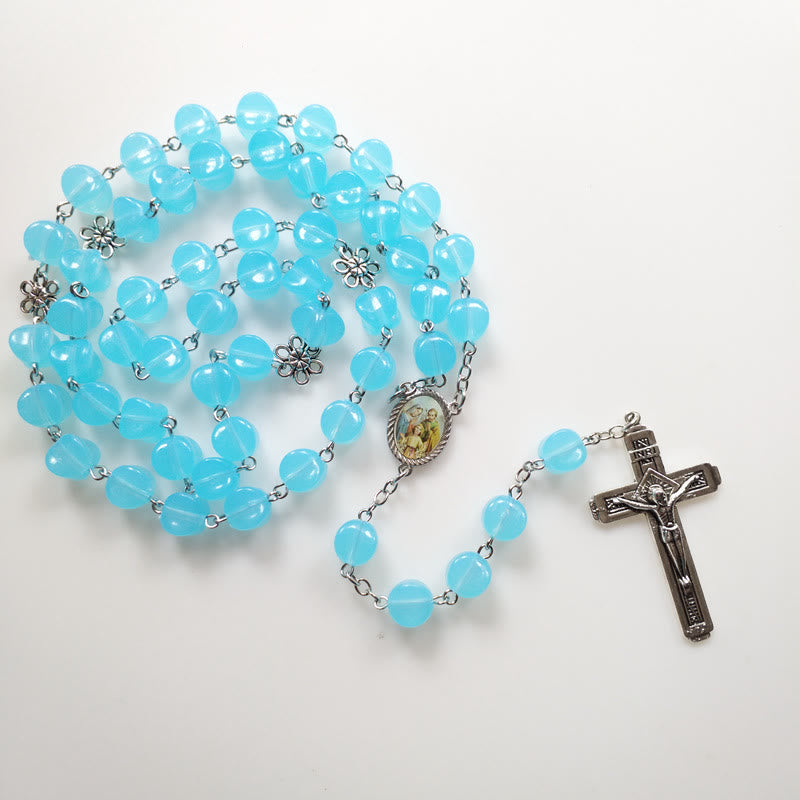 christiandiscipleshop Holy Family & Crucifix of 10mm Polyhedron Blue Acrylic Alloy Chain Rosary