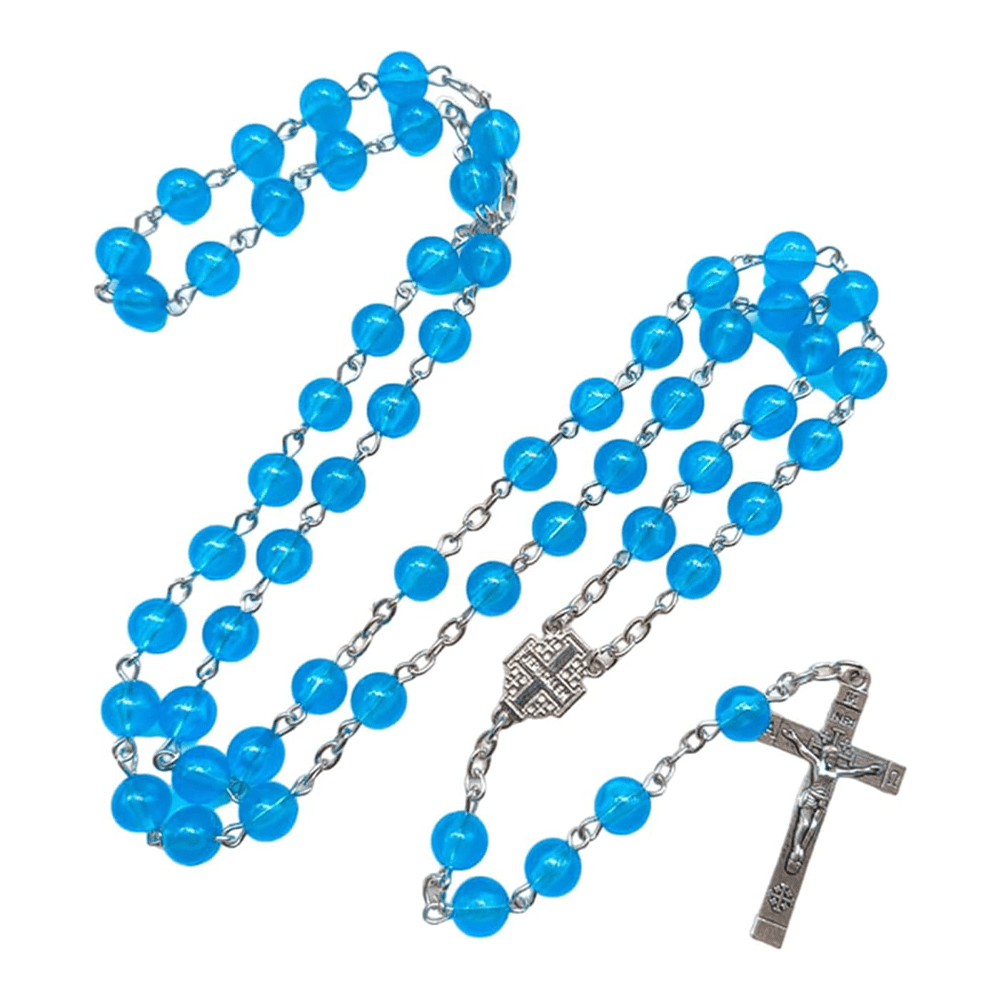 christiandiscipleshop Jerusalem Medal & Crucifix of 8mm Round Blue Acrylic Alloy Chain Rosary