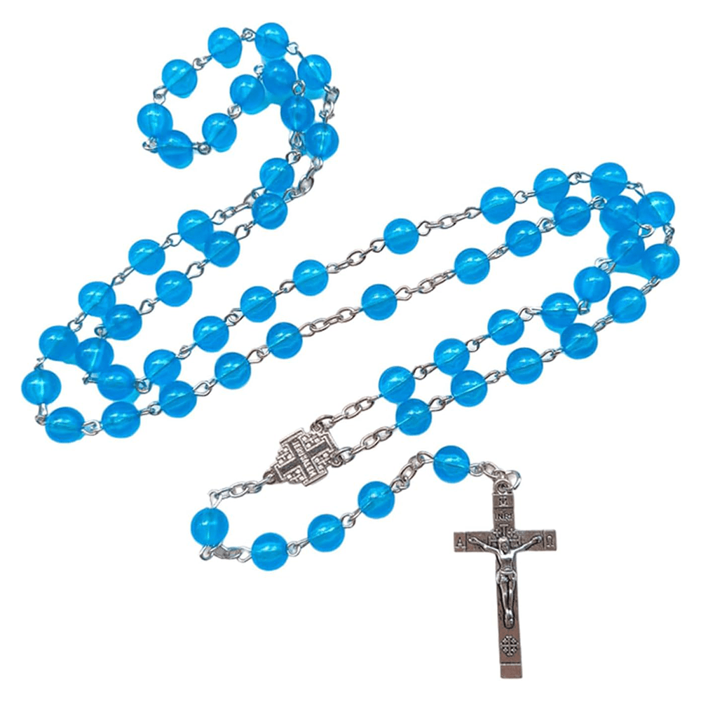 christiandiscipleshop Jerusalem Medal & Crucifix of 8mm Round Blue Acrylic Alloy Chain Rosary
