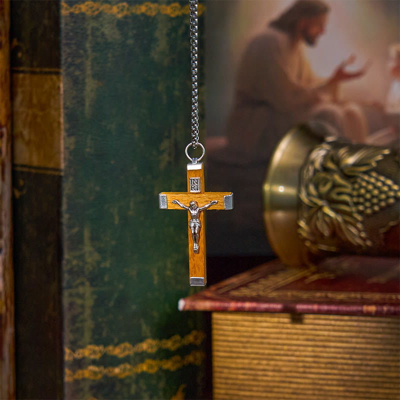 Christiandiscipleshop Retro Style Jesus Icon Crucifix Wood & Alloy Pendant Necklace
