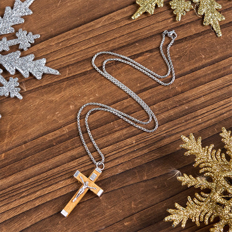 Christiandiscipleshop Retro Style Jesus Icon Crucifix Wood & Alloy Pendant Necklace