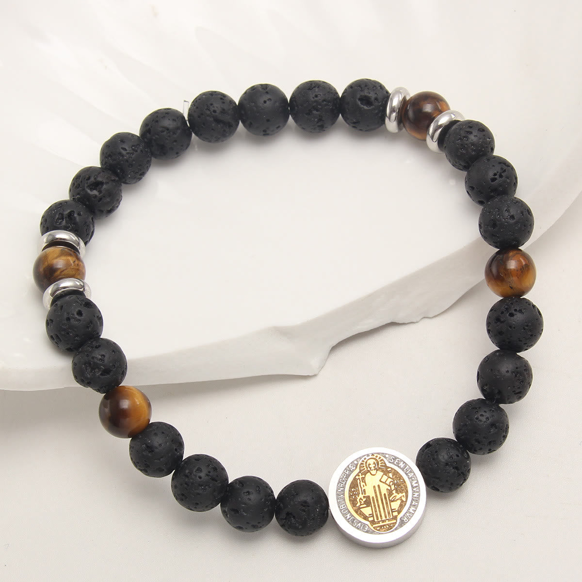 christiandiscipleshop Volcanic Stone Yellow Tiger Eye St. Benedict Bracelet