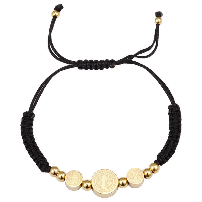 christiandiscipleshop Stainless Steel Braided St. Benedict Black Rope String Bracelet