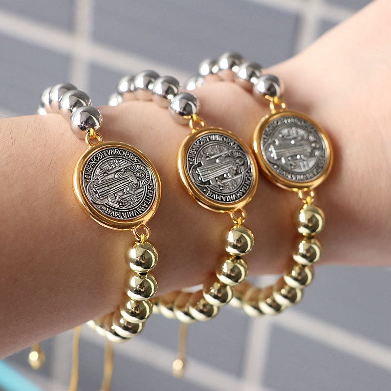 Christiandiscipleshop Copper Beads St. Benedict Medal Two-tone Color Adjustable Bracelet