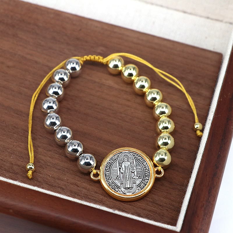 Christiandiscipleshop Copper Beads St. Benedict Medal Two-tone Color Adjustable Bracelet