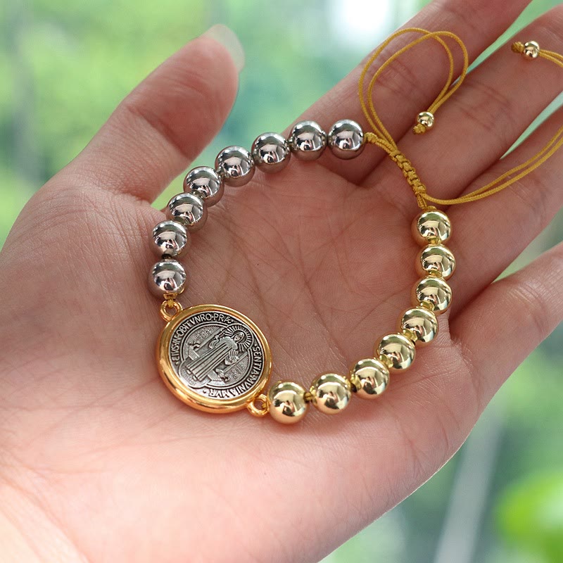 Christiandiscipleshop Copper Beads St. Benedict Medal Two-tone Color Adjustable Bracelet