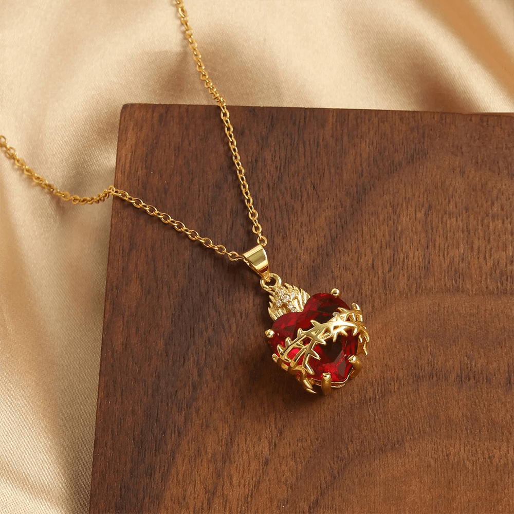 christiandiscipleshop Modern Style Crafted Red Gemstones Sacred Heart of Jesus Pendant Necklace