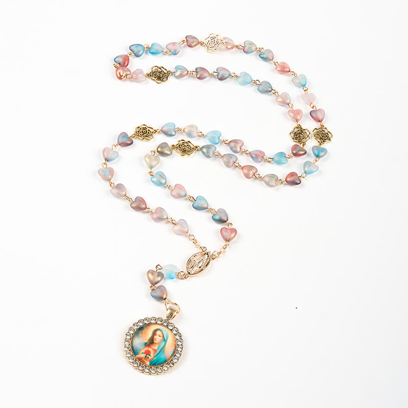christiandiscipleshop Miraculous Medal & Immaculate Heart of 10mm Heart Rose Multicolor Glass Alloy Chain Rosary