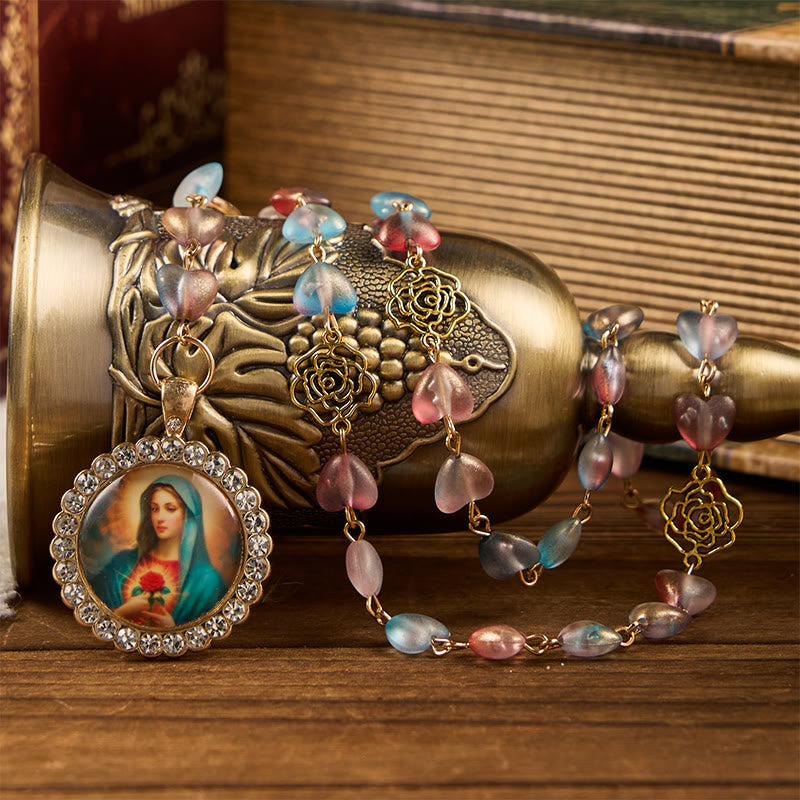 christiandiscipleshop Miraculous Medal & Immaculate Heart of 10mm Heart Rose Multicolor Glass Alloy Chain Rosary