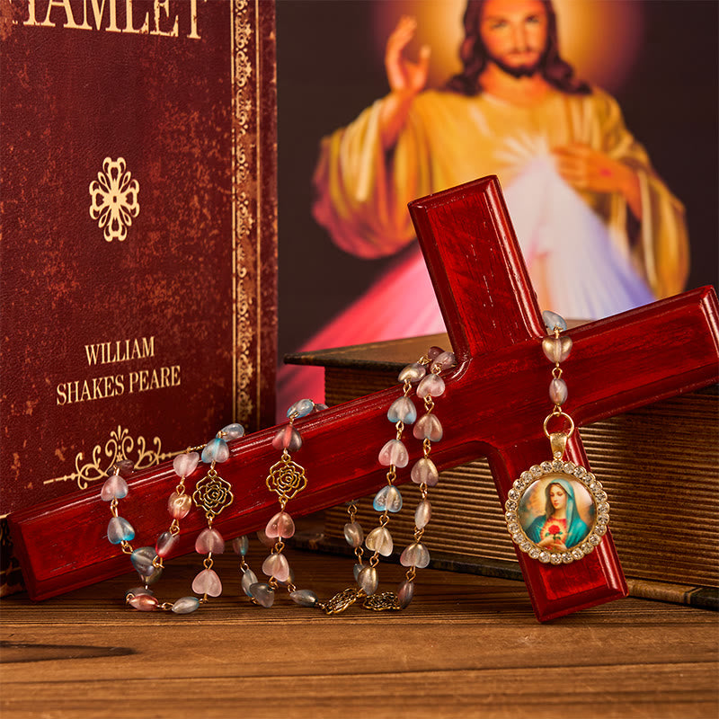 christiandiscipleshop Miraculous Medal & Immaculate Heart of 10mm Heart Rose Multicolor Glass Alloy Chain Rosary