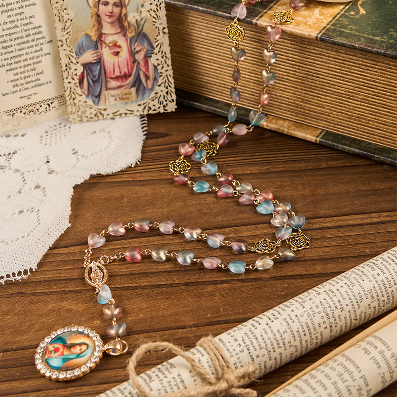 christiandiscipleshop Miraculous Medal & Immaculate Heart of 10mm Heart Rose Multicolor Glass Alloy Chain Rosary