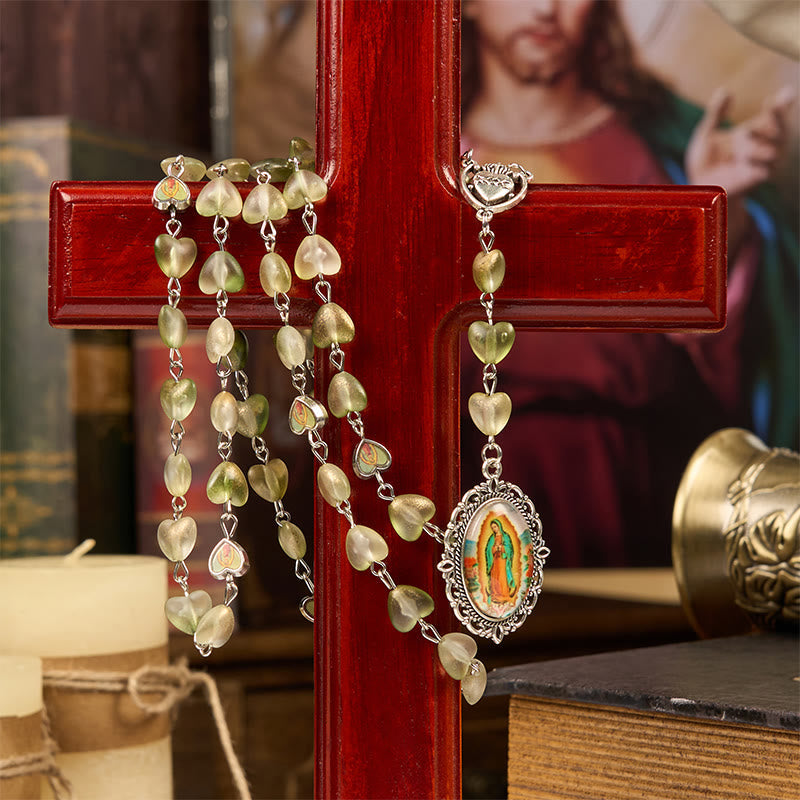 christiandiscipleshop Heart of Thorns & Our Lady of Guadalupe of 10mm Heart Green Glass Alloy Chain Rosary