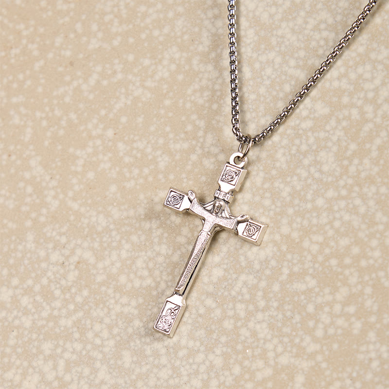 christiandiscipleshop Minimalist Exclusive Craft Jesus Crucifix with Roses Pendant Necklace