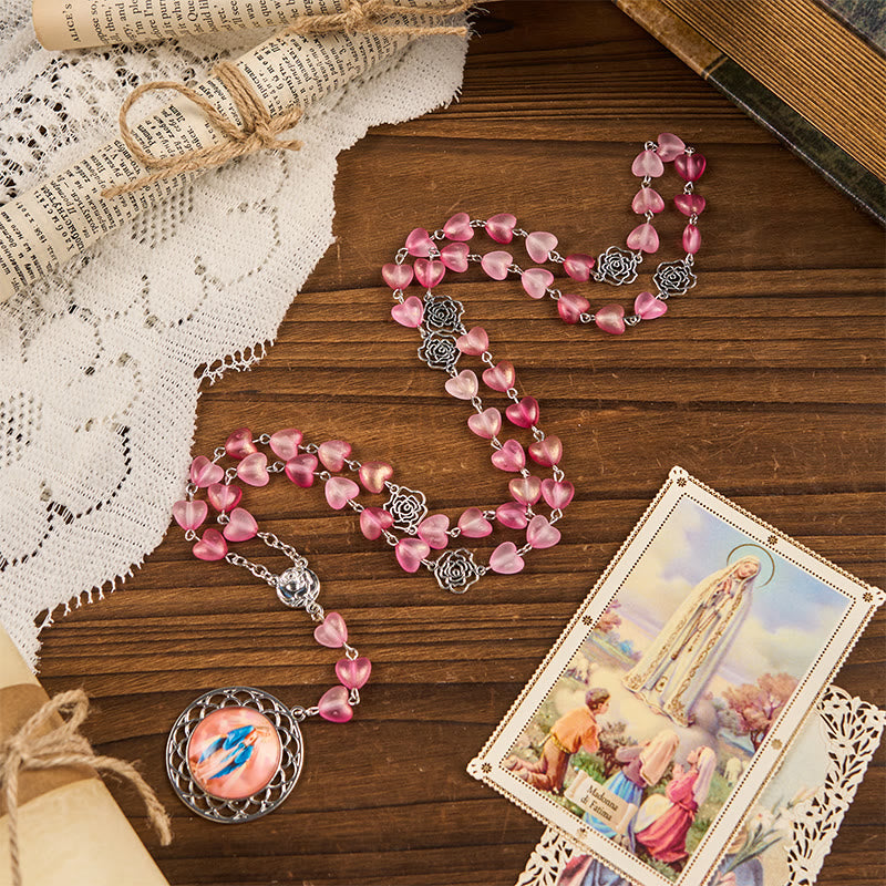 Christiandiscipleshop Rose & Miraculous Medal of 10mm Heart Rose Pink Glass Alloy Chain Rosary