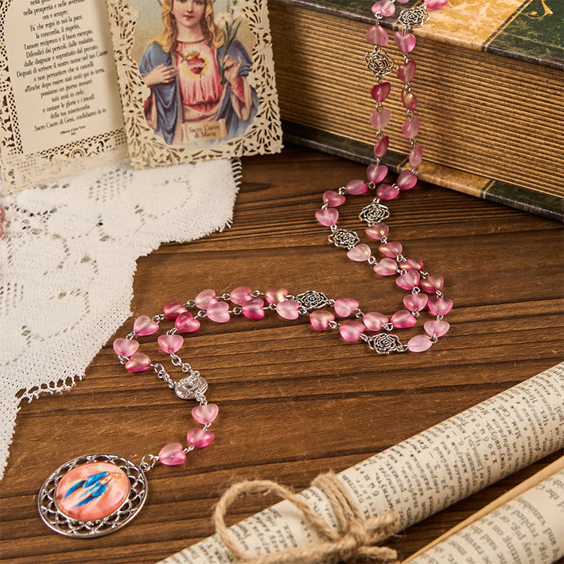 Christiandiscipleshop Rose & Miraculous Medal of 10mm Heart Rose Pink Glass Alloy Chain Rosary
