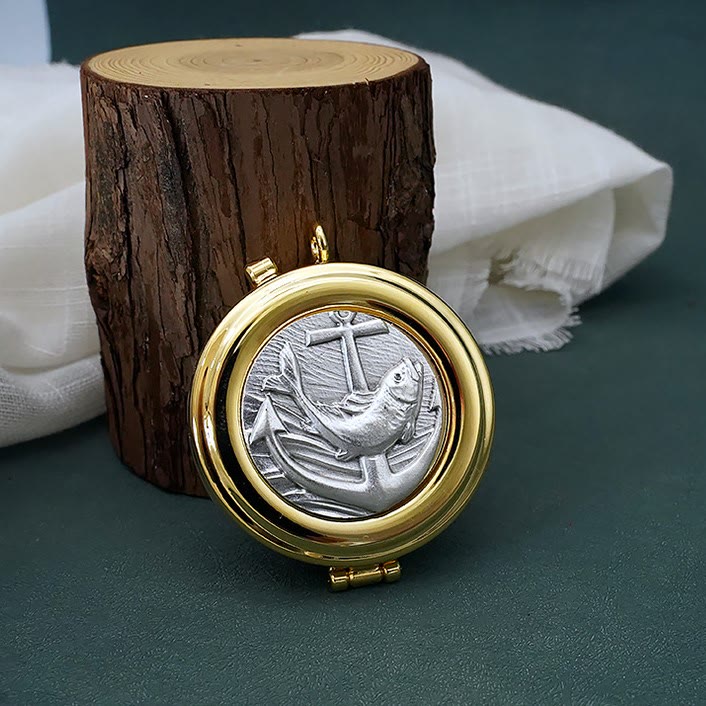 Christiandiscipleshop Gold-Plated Pyx with Fish and Anchor Design – Portable and Elegant Eucharistic Holder
