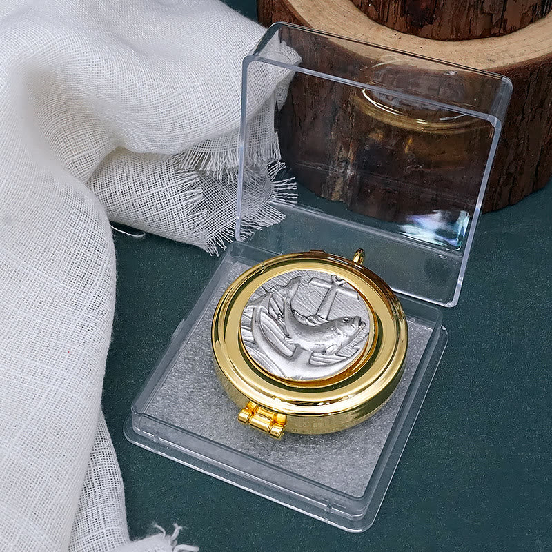 Christiandiscipleshop Gold-Plated Pyx with Fish and Anchor Design – Portable and Elegant Eucharistic Holder