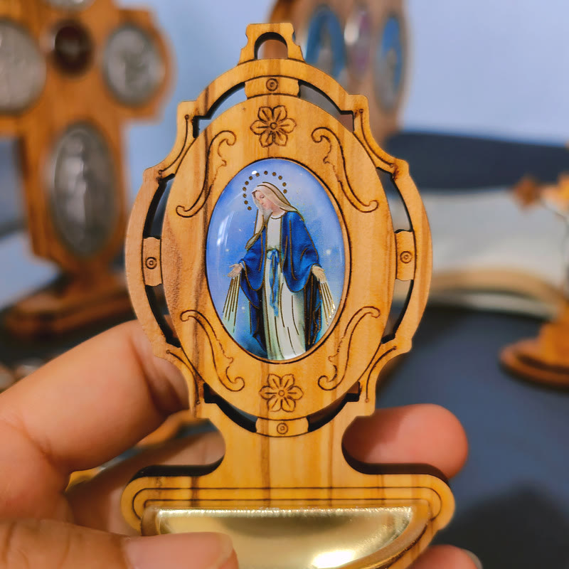 christiandiscipleshop Miraculous Medal Holy Water Font Olive Wood Assumption of Our Lady