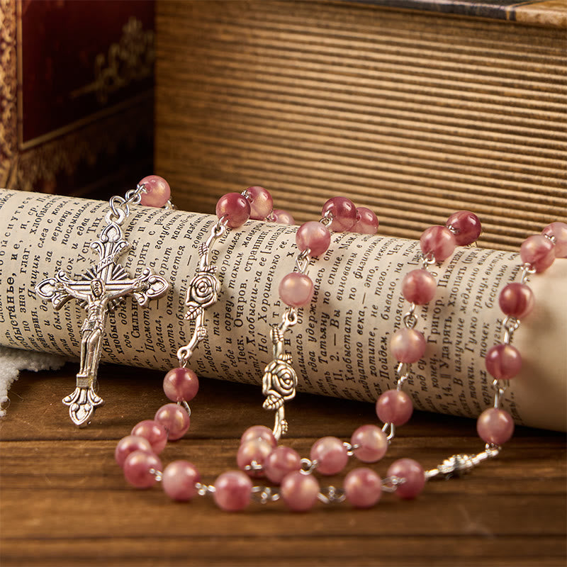 Christiandiscipleshop Our Lady & Crucifix of 8mm Round Rose Pink Alloy Chain Rosary