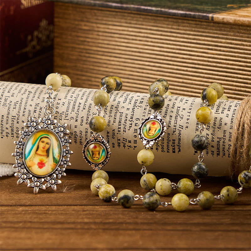 christiandiscipleshop Miraculous Medal & Immaculate Heart of 8mm Round Stone Yellow Alloy Chain Rosary