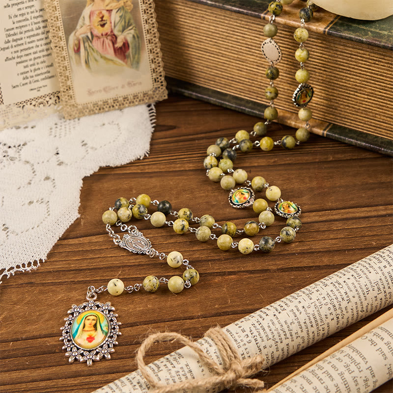 christiandiscipleshop Miraculous Medal & Immaculate Heart of 8mm Round Stone Yellow Alloy Chain Rosary