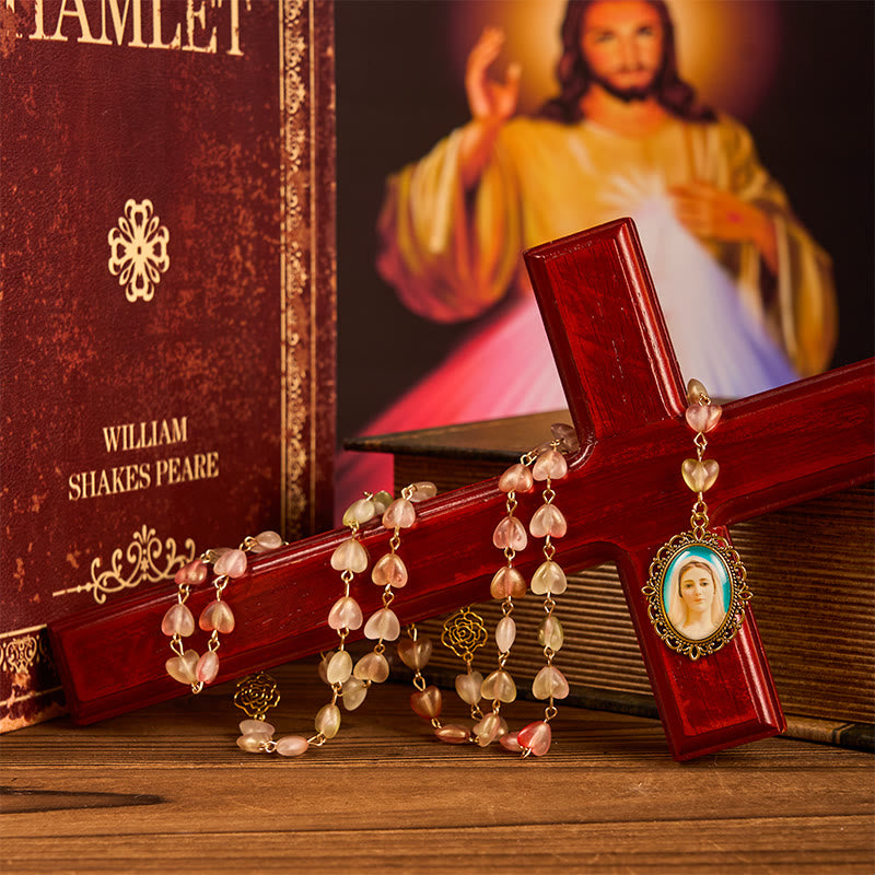 christiandiscipleshop Miraculous Medal & Our Lady of 10mm Heart Rose Glass Alloy Chain Rosary