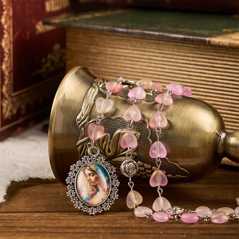 Christiandiscipleshop Praying Mary & Our Lady of 10mm Heart Rose Glass Pink Alloy Chain Rosary